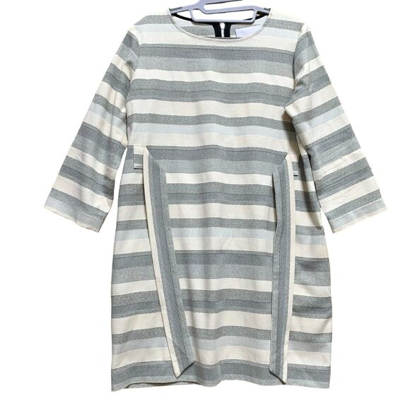 MORGAN CARPER Gray & White Stripe Woven Jacquard Shift Dress w/Pockets Sz SML - Picture 5 of 13